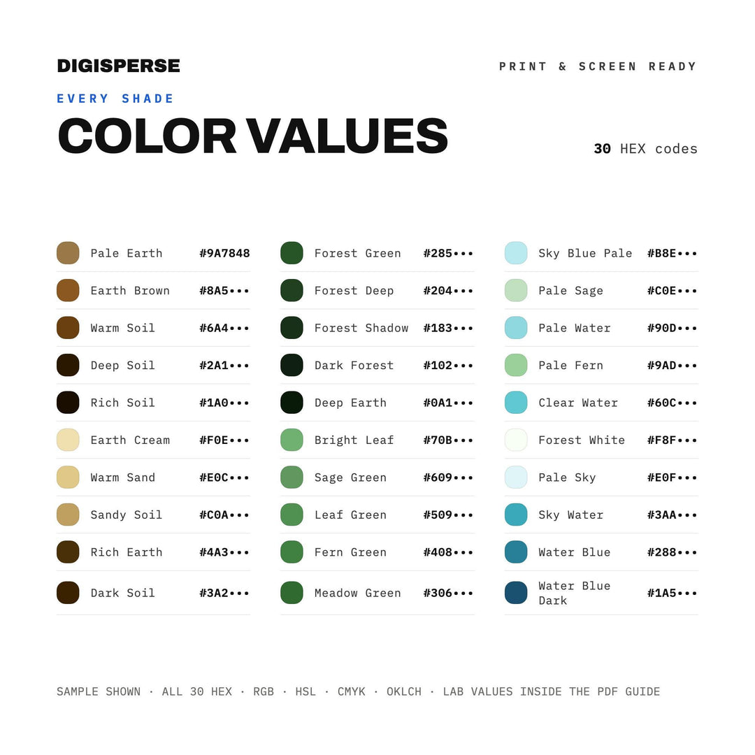 Lush Green Color Palette for Earth Day Nature Art and Eco Branding, 30 Forest Canopy Hues, Procreate Swatches