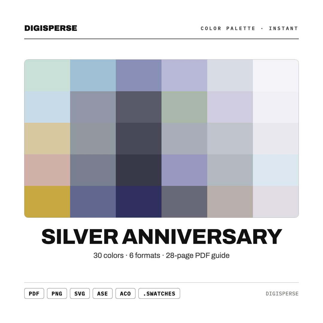 Silver Anniversary Color Palette | 30 Colors | Hex RGB CMYK | Procreate Swatches + ASE | Digital Download