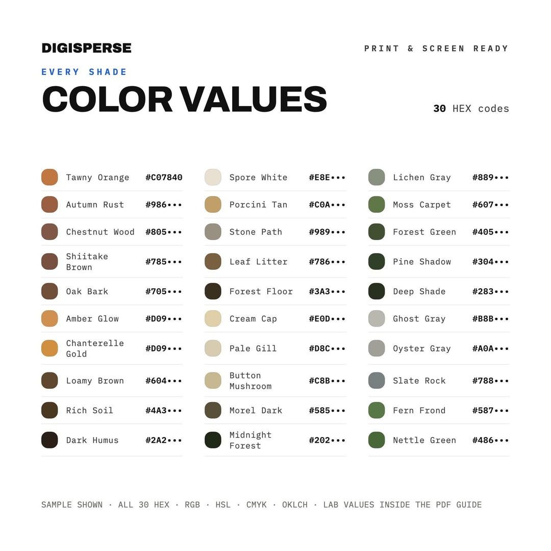 Mushroom Foraging Color Palette | 30 Colors | Hex RGB CMYK | Procreate Swatches + ASE | Digital Download