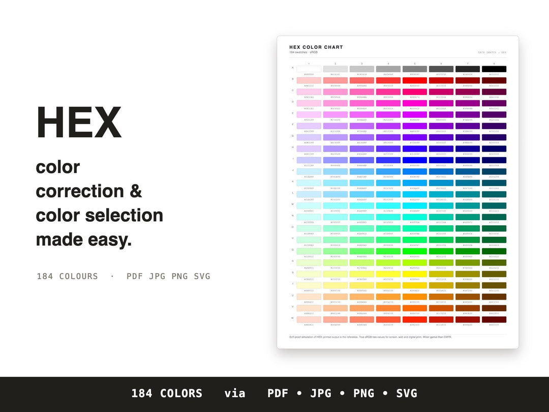 HEX Color Code Chart | Printable 184-Swatch Hex Reference for Web and Digital Design | Color Code Cheat Sheet | Digital Download