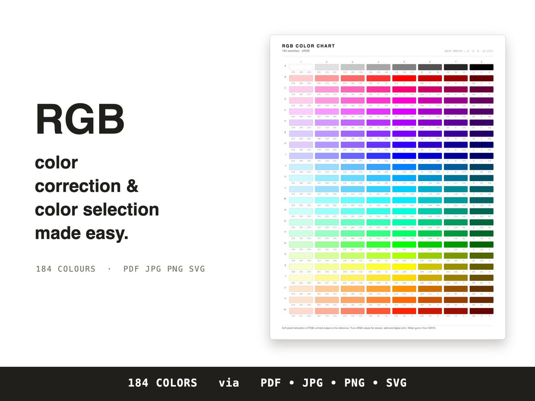 RGB Color Chart | Printable 184-Swatch RGB Value Reference for Screen and Digital Design | 0-255 Color Code Sheet | Digital Download