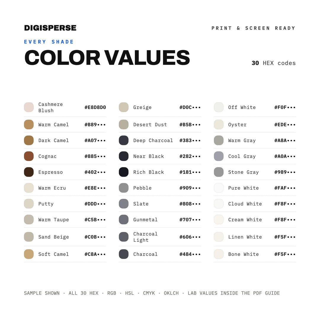 Quiet Luxury Neutral Color Palette | 30 Procreate Swatches, ASE, PDF (Digital Download)
