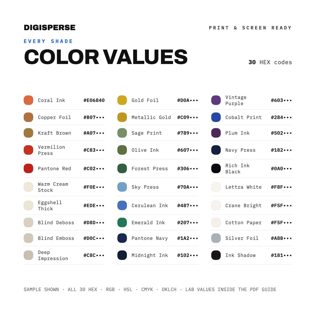 Letterpress Studio Color Palette | 30 Colors | Hex RGB CMYK | Procreate Swatches + ASE | Digital Download