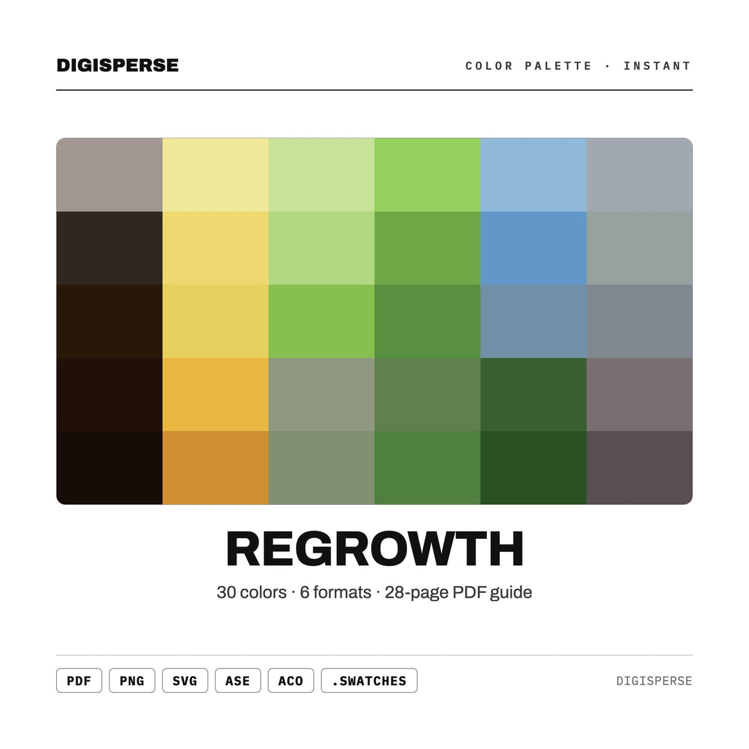 Regrowth Color Palette | 30 Colors | Hex RGB CMYK | Procreate Swatches + ASE | Digital Download