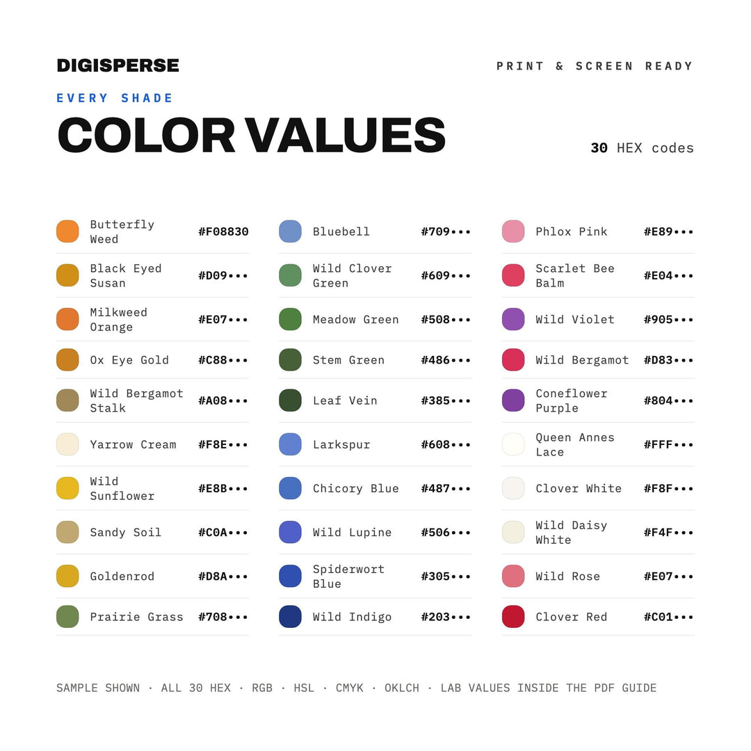 Patriotic Wildflowers Color Palette | 30 Colors | Hex RGB CMYK | Procreate Swatches + ASE | Digital Download