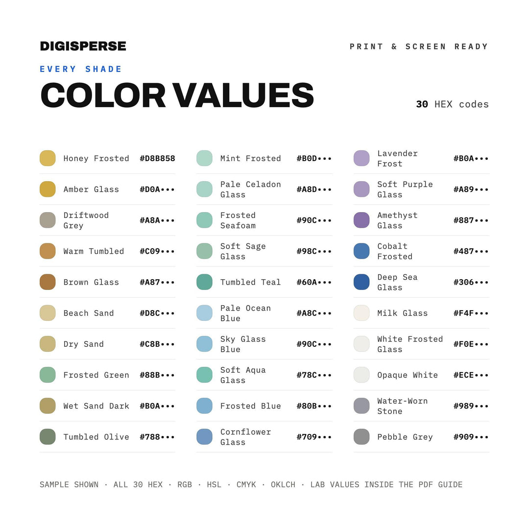 Sea Glass Beach Color Palette | 30 Colors | Hex RGB CMYK | Procreate Swatches + ASE | Digital Download