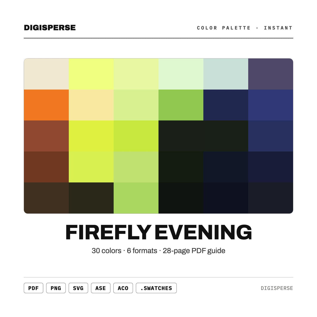 Firefly Evening Color Palette | 30 Colors | Hex RGB CMYK | Procreate Swatches + ASE | Digital Download