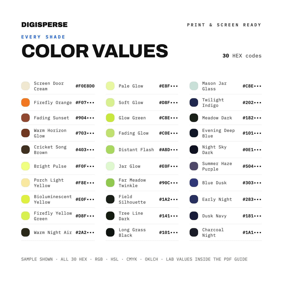 Firefly Evening Color Palette | 30 Colors | Hex RGB CMYK | Procreate Swatches + ASE | Digital Download