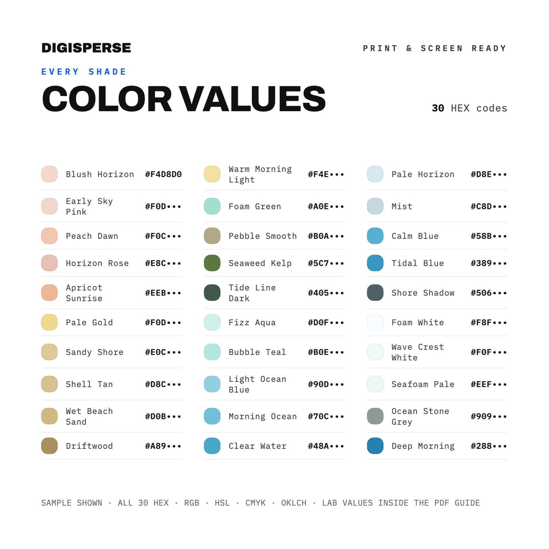 Ocean Foam Morning Color Palette | 30 Procreate Swatches, ASE (Digital Download)
