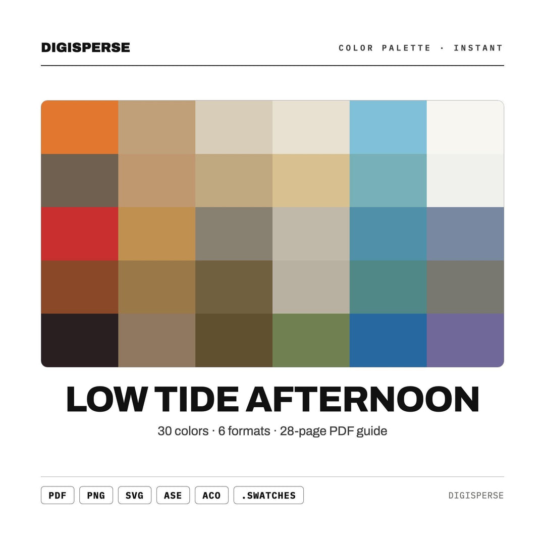 Low Tide Afternoon Color Palette | 30 Colors | Hex RGB CMYK | Procreate Swatches + ASE | Digital Download