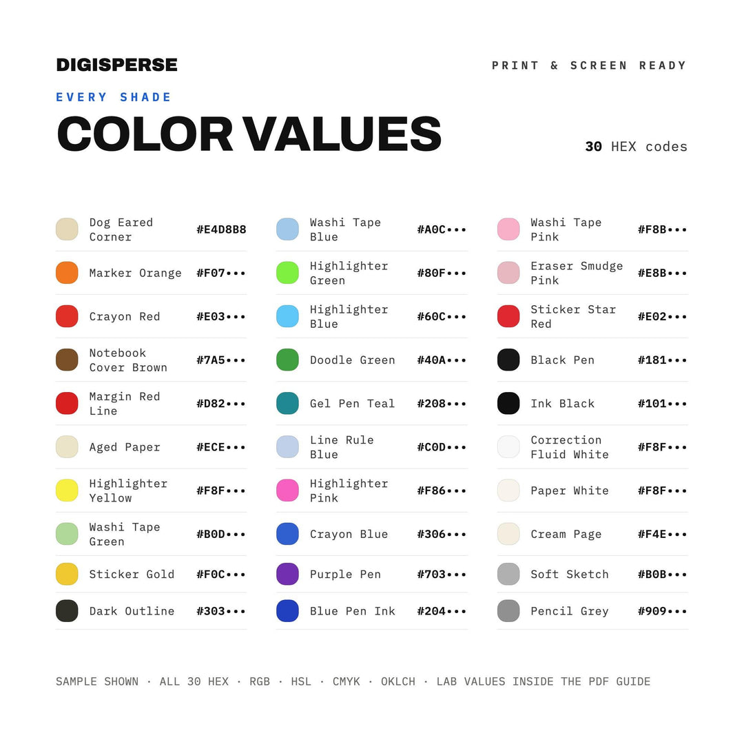 Sketchbook Margin Doodles Color Palette | 30 Colors | Hex RGB CMYK | Procreate Swatches + ASE | Digital Download
