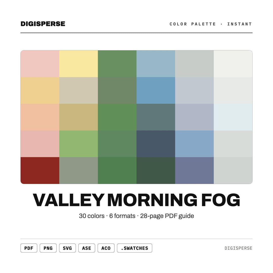 Valley Morning Fog Color Palette | 30 Colors | Hex RGB CMYK | Procreate Swatches + ASE | Digital Download