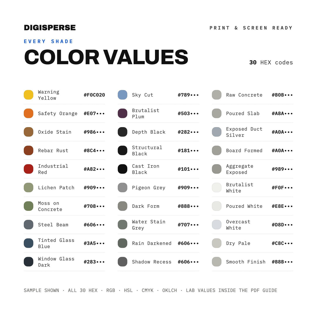 Brutalist Concrete Color Palette | 30 Colors | Hex RGB CMYK | Procreate Swatches + ASE | Digital Download
