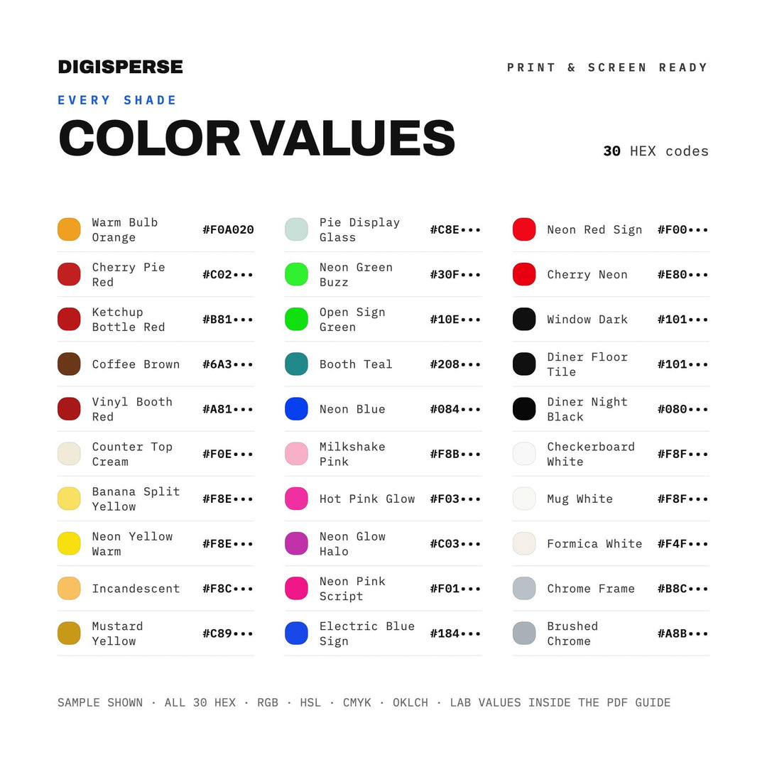 Neon Sign Diner Color Palette | 30 Colors | Hex RGB CMYK | Procreate Swatches + ASE | Digital Download