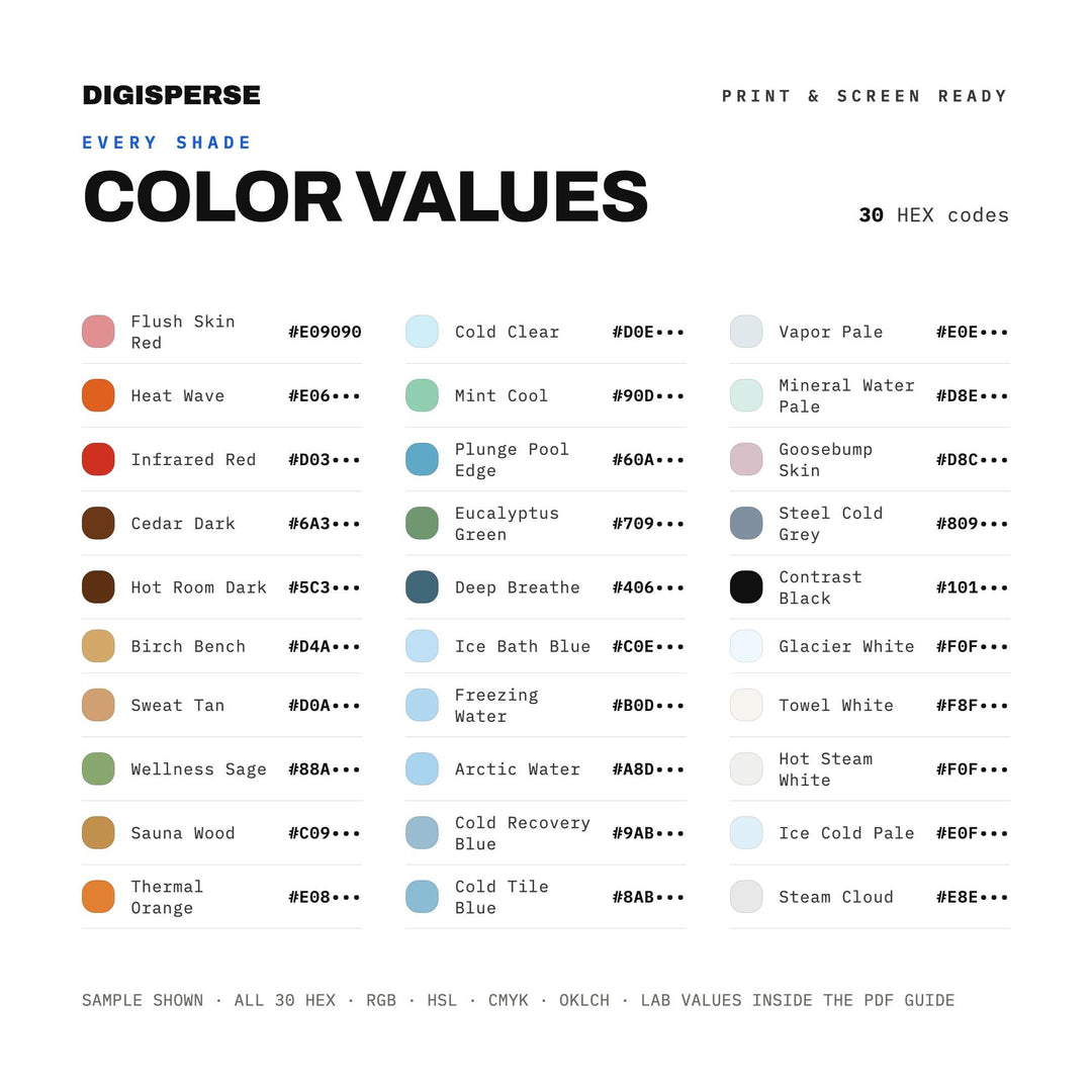 Cold Plunge & Steam Color Palette | 30 Hex RGB CMYK Swatches (Digital Download)