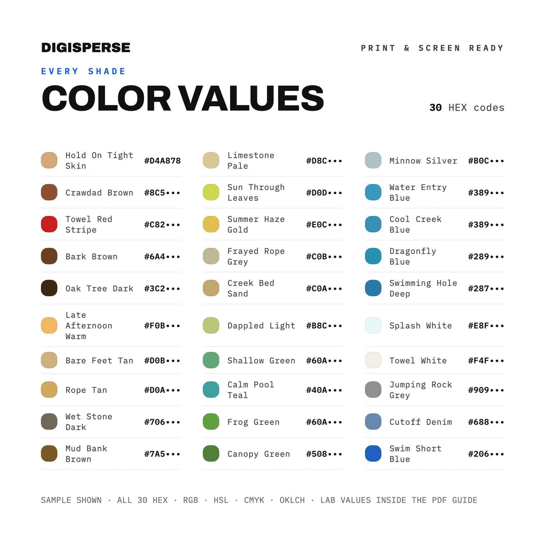 Rope Swing Creek Color Palette | 30 Procreate Swatches, ASE, PDF (Digital Download)