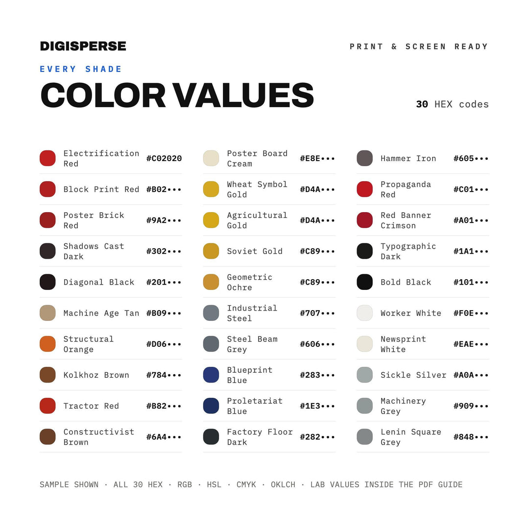 Soviet Constructivist Color Palette | 30 Colors | Hex RGB CMYK | Procreate Swatches + ASE | Digital Download