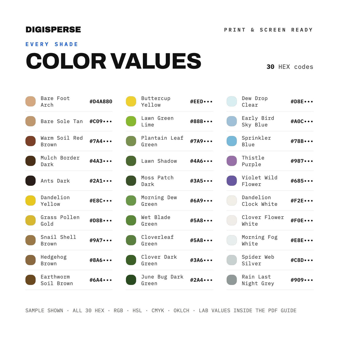 Barefoot Dewy Grass Color Palette | 30 Procreate Swatches (Digital Download - hex, rgb, cmyk, ase)