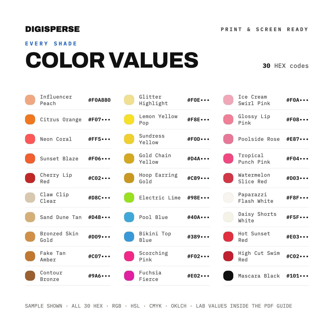 Hot Girl Summer Palette Color Palette | 30 Colors | Hex RGB CMYK | Procreate Swatches + ASE | Digital Download
