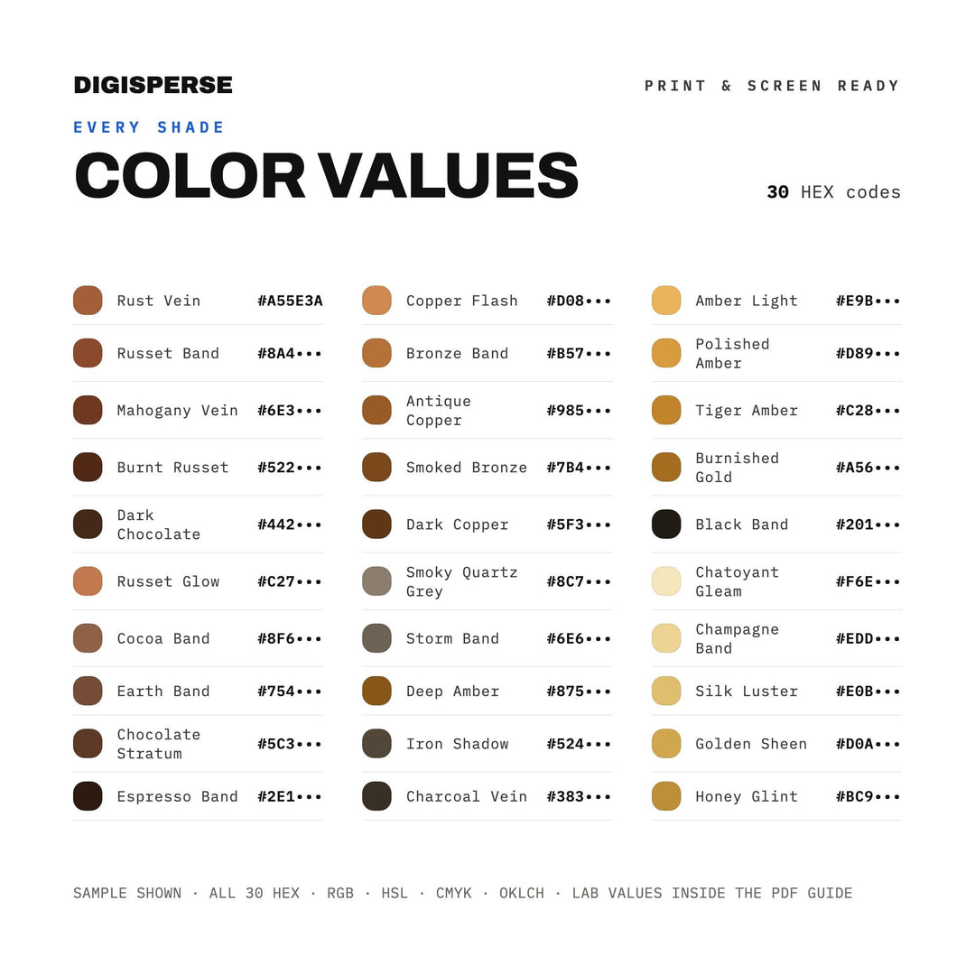 Tiger's Eye Color Palette | 30 Colors | Hex RGB CMYK | Procreate Swatches + ASE | Digital Download