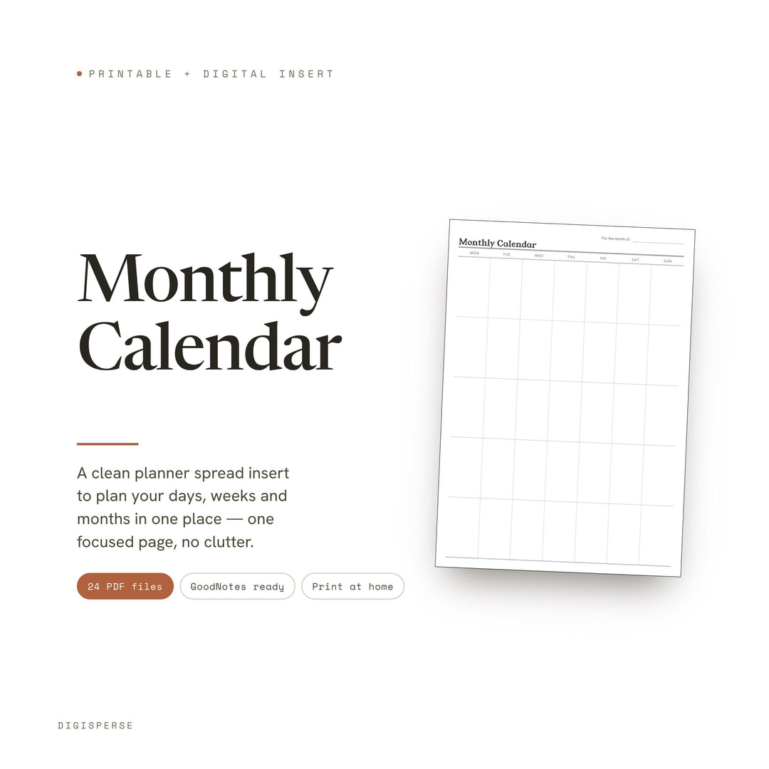 Monthly Calendar Printable | Undated Month at a Glance | GoodNotes + iPad PDF | Instant Download
