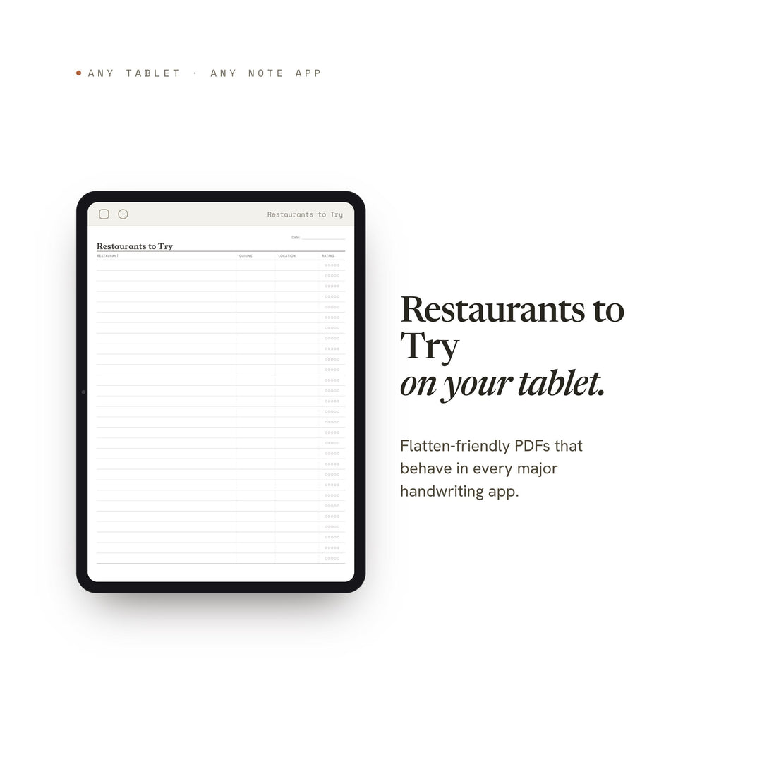 Restaurants to Try Planner Insert | Meal Planner | GoodNotes iPad PDF | Digital Download
