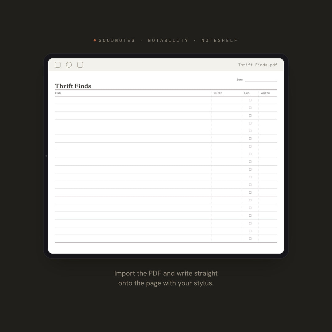 Thrift Finds Planner Insert | Collection Log | GoodNotes iPad PDF | Digital Download