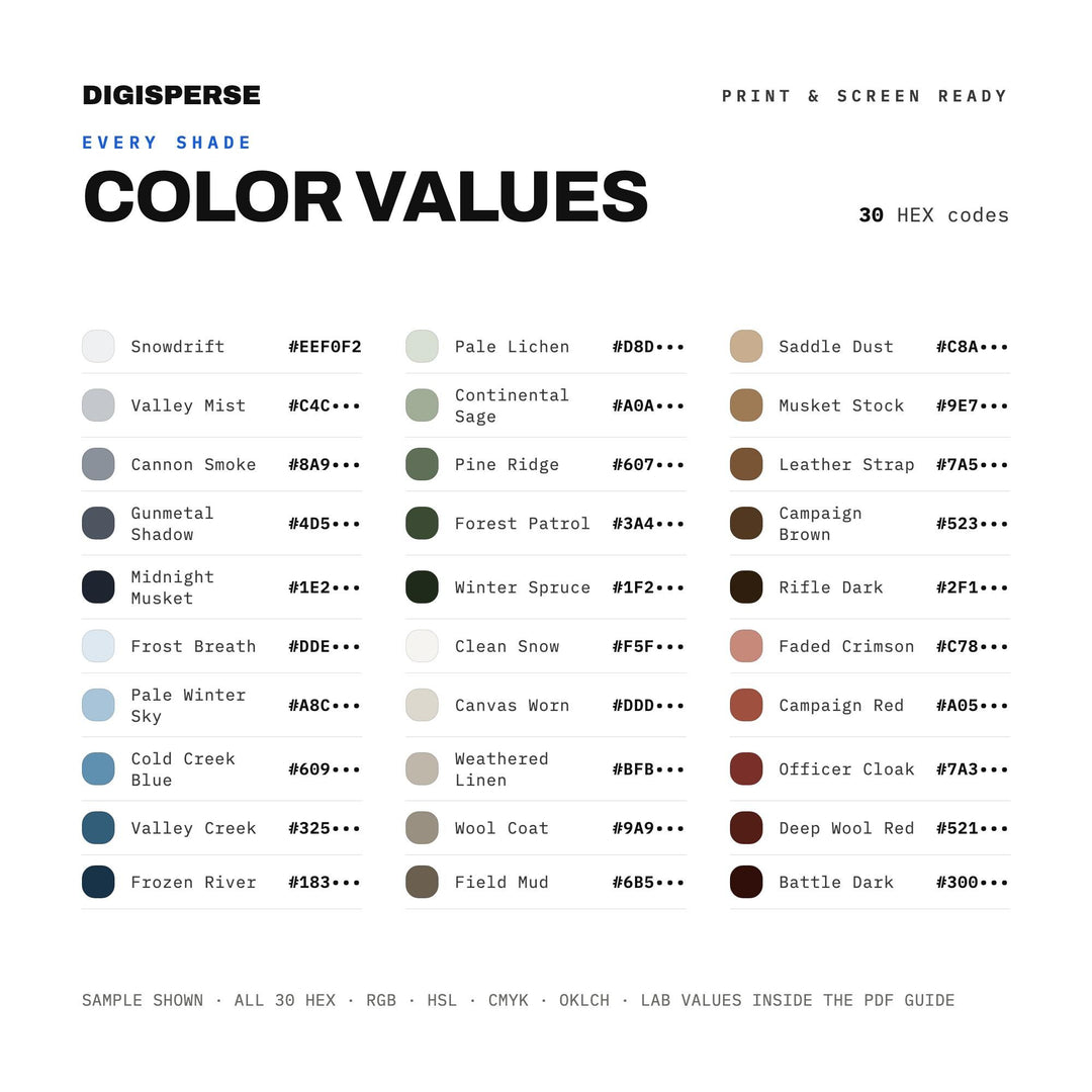 Valley Forge Winter Color Palette | 30 Muted Tones, Hex RGB CMYK (Digital Download)