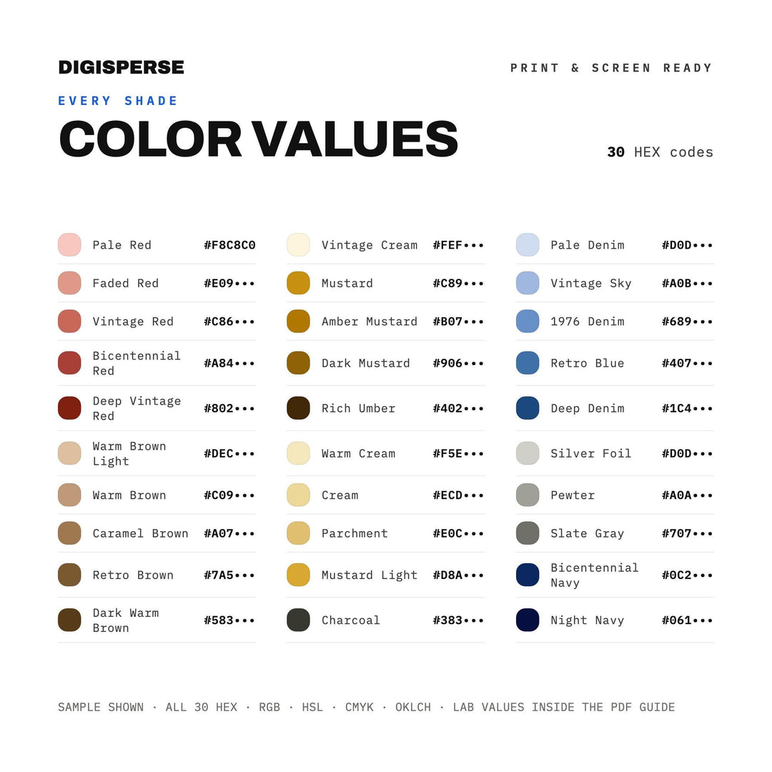 Bicentennial Revival Color Palette | 30 Colors | Hex RGB CMYK | Procreate Swatches + ASE | Digital Download