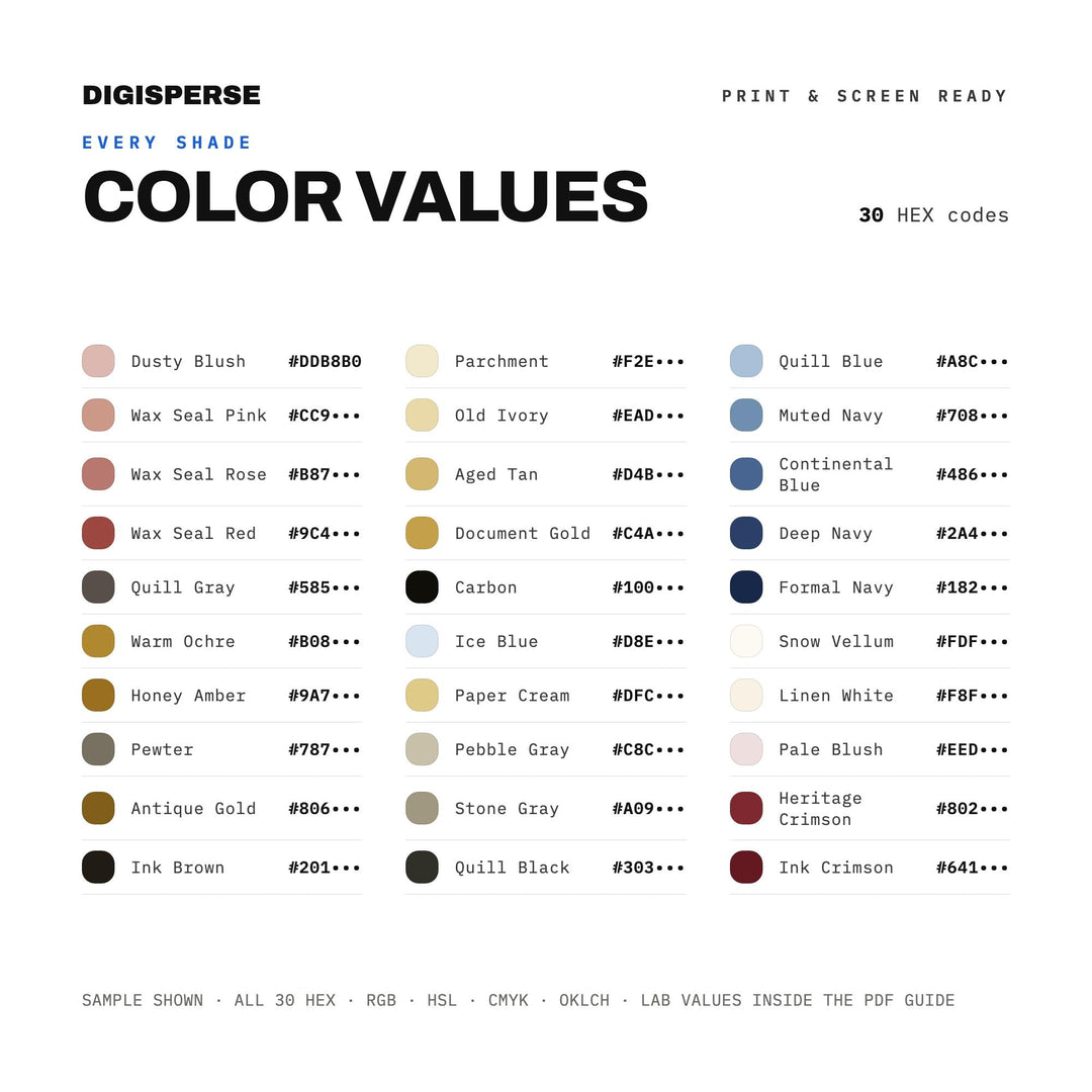 Founding Document Neutrals Color Palette | 30 Colors | Hex RGB CMYK | Procreate Swatches + ASE | Digital Download