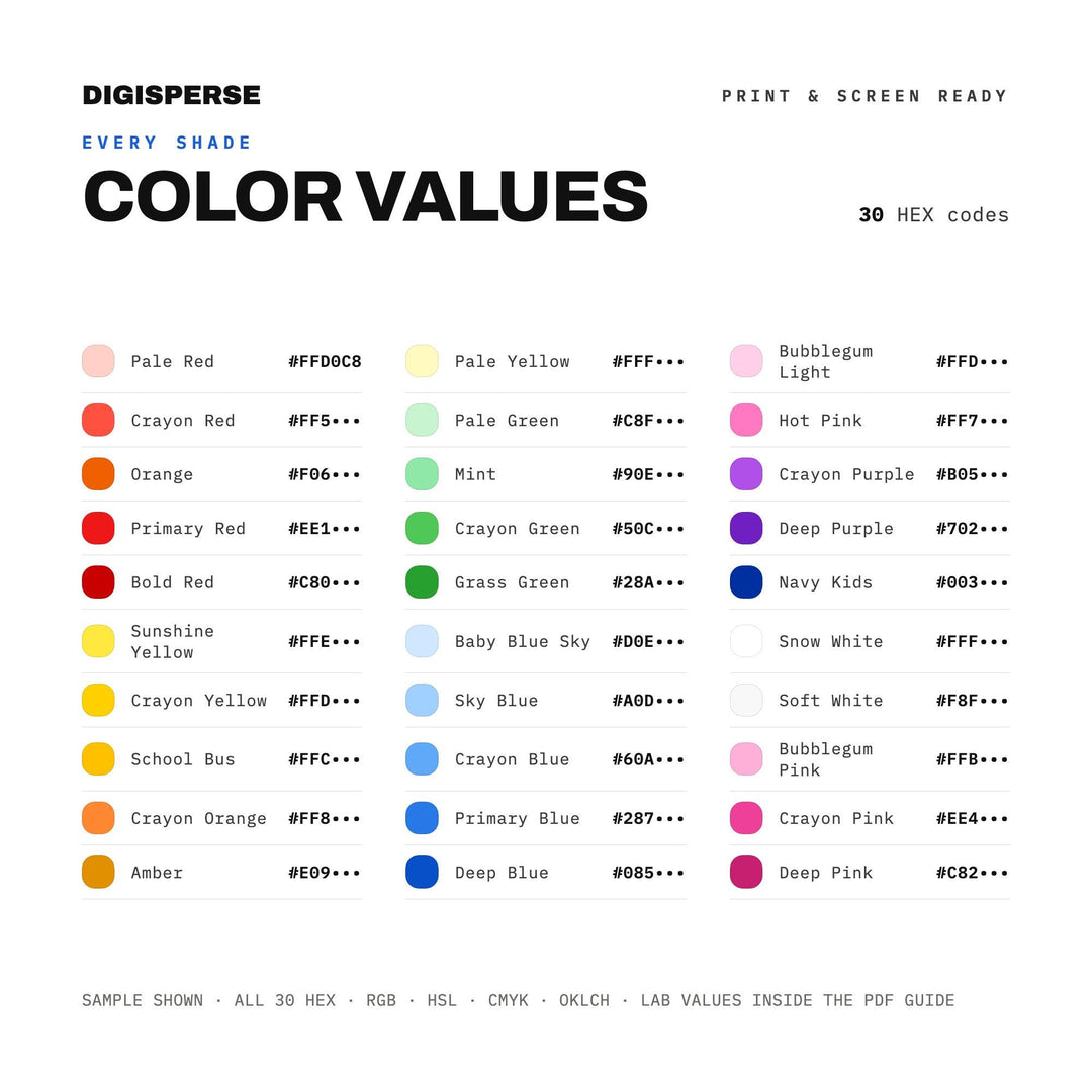 Kids 250 Celebration Color Palette | 30 Colors | Hex RGB CMYK | Procreate Swatches + ASE | Digital Download