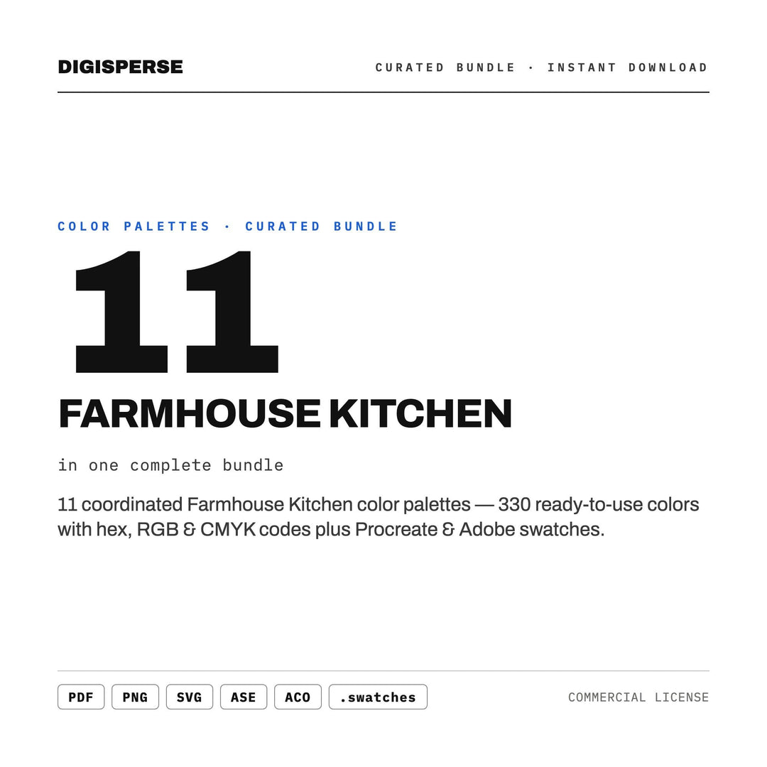 Farmhouse Color Palette Bundle, 11 Country Kitchen Schemes for Home Decor Blogs, Recipe Books and Rustic Cafe Brand Design