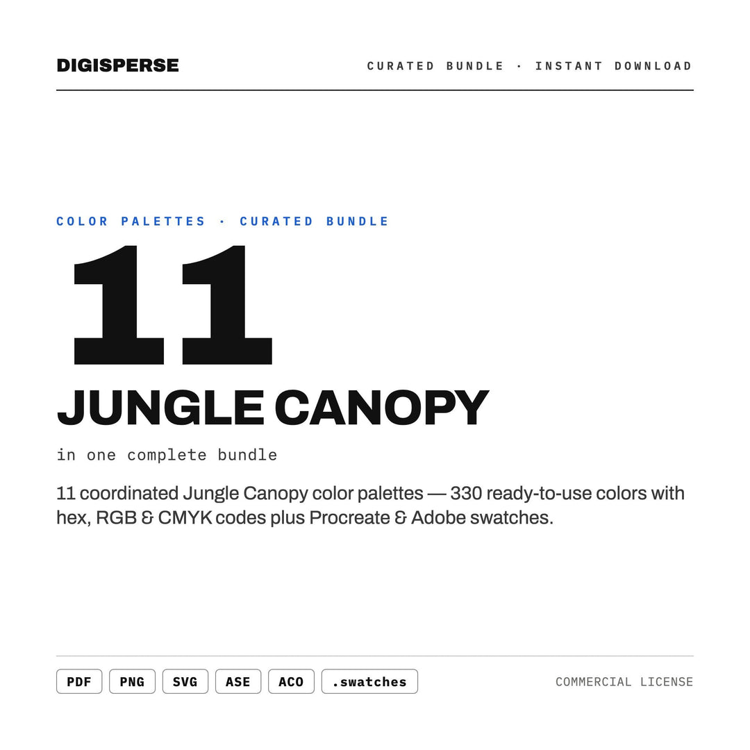 Tropical Jungle Color Scheme Set, 11 Canopy Green Palettes for Rainforest Art, Plant Shop Branding and Exotic Print Design