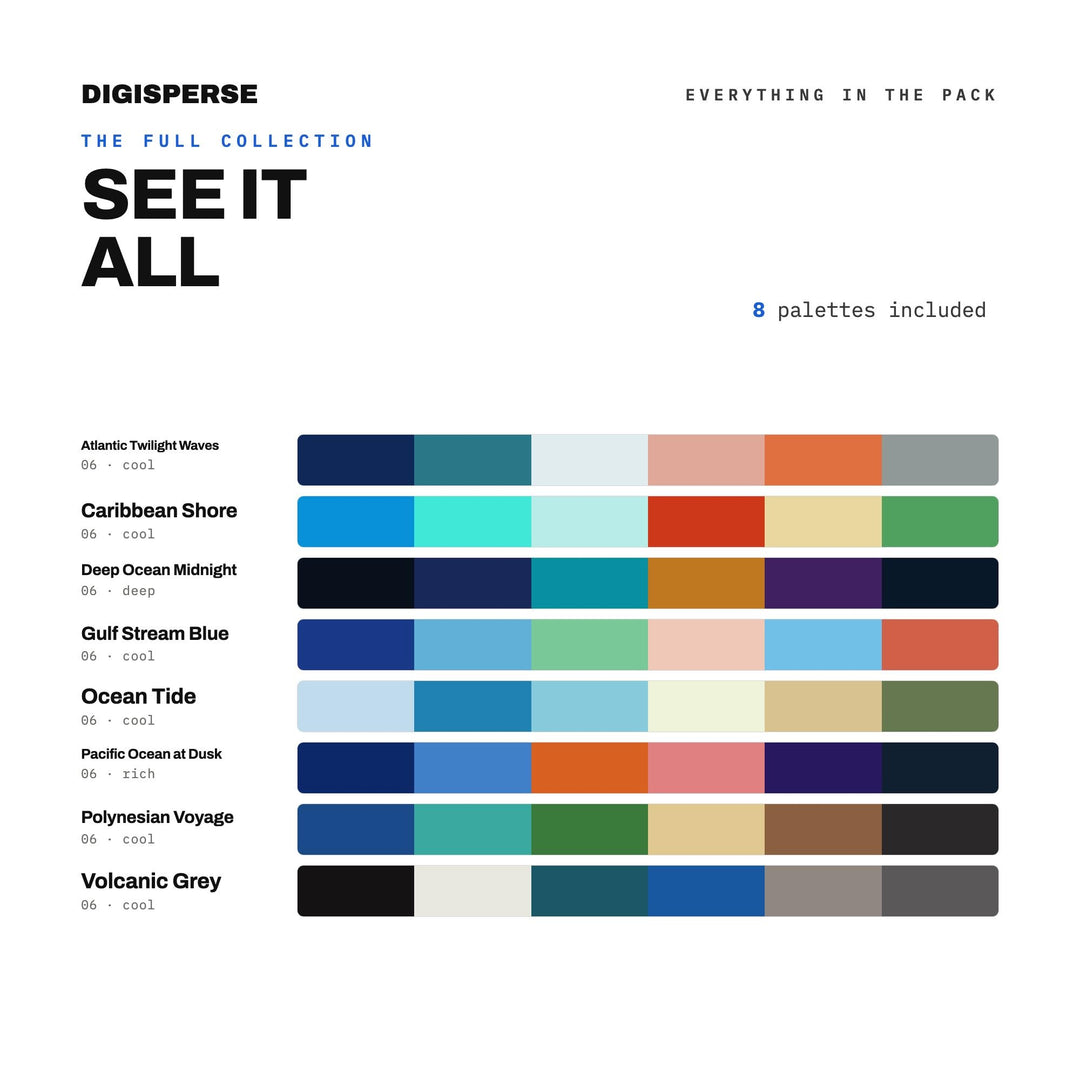 Ocean Depths Color Scheme Pack, 8 Deep Current Palettes for Marine Design, Scuba Brand Logos and Underwater Illustration