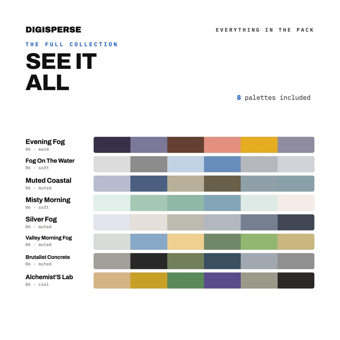 Misty Color Scheme Pack, 8 Fog and Morning Haze Palettes for Moody Photo Branding, Gothic Novel Covers and Calm Spa Decor
