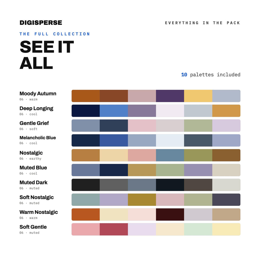 Muted Moody Color Scheme Set, 10 Quiet Melancholy Palettes for Poetry Journals, Indie Album Art and Wistful Illustration