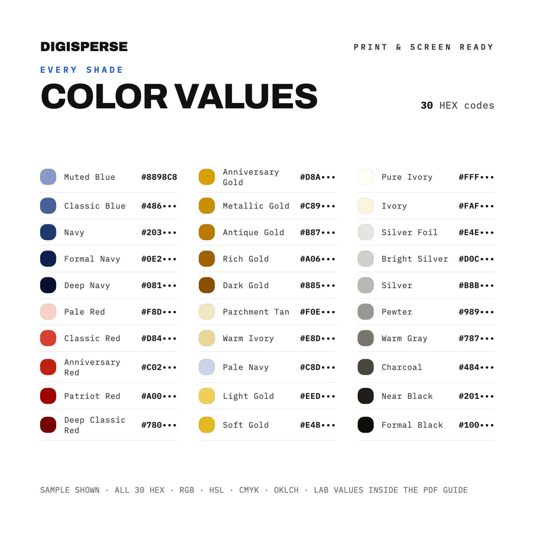 250th Golden Anniversary Color Palette | 30 Colors | Hex RGB CMYK | Procreate Swatches + ASE | Digital Download
