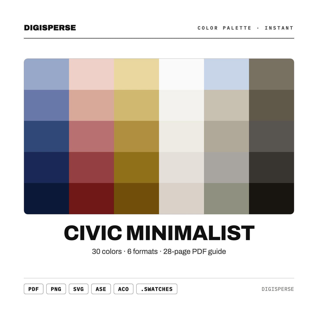 Civic Minimalist Color Palette | 30 Colors | Hex RGB CMYK | Procreate Swatches + ASE | Digital Download