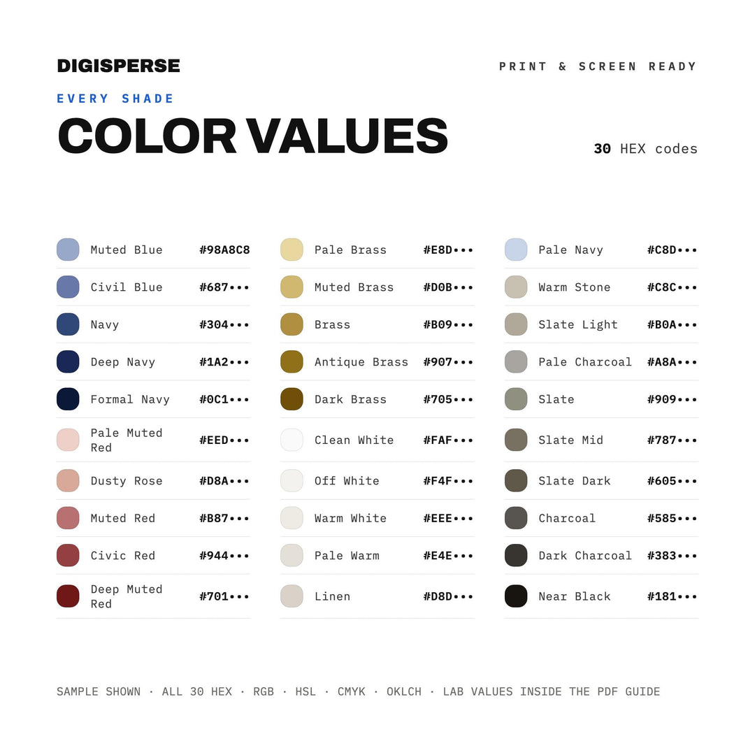 Civic Minimalist Color Palette | 30 Colors | Hex RGB CMYK | Procreate Swatches + ASE | Digital Download