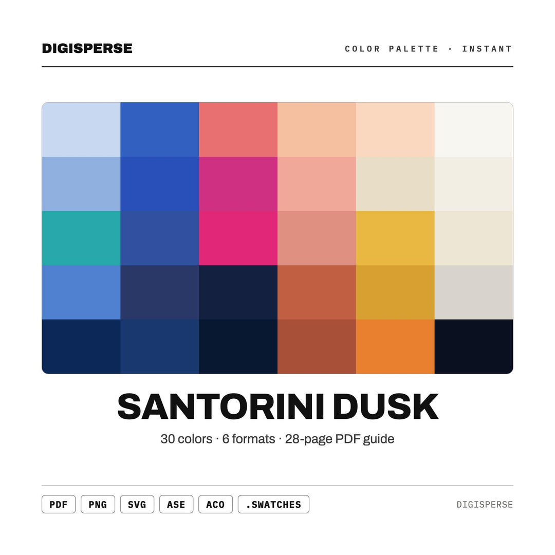 Santorini Dusk Color Palette | 30 Colors | Hex RGB CMYK | Color Guide | Procreate Swatches + ASE | Digital Download