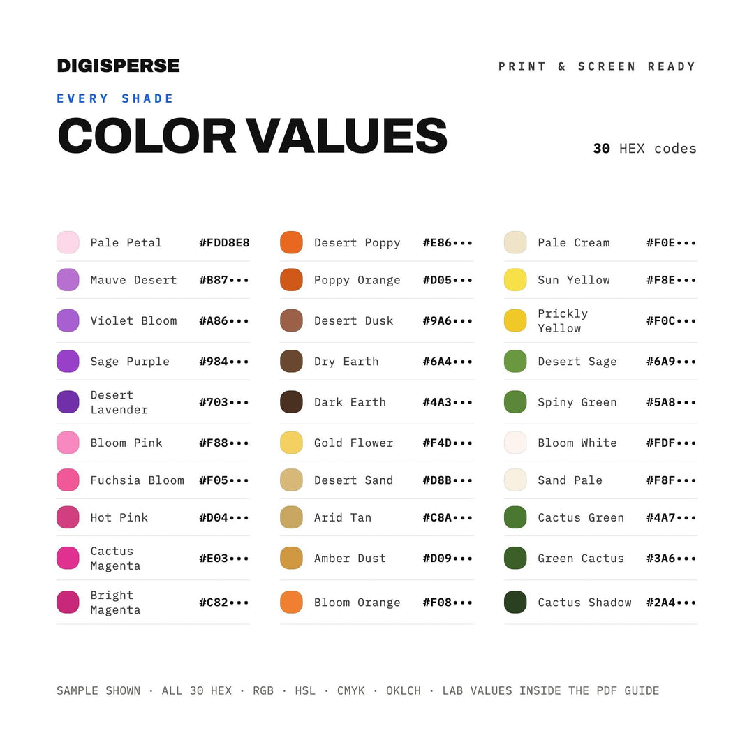 Desert Bloom Color Palette | 30 Procreate Swatches, HEX, RGB, CMYK (Digital Download)