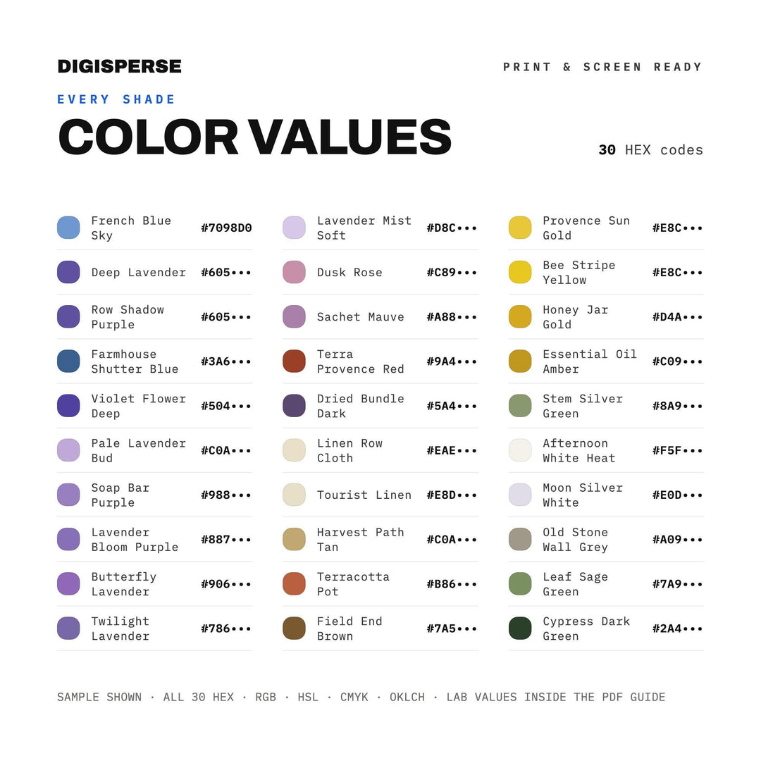 Lavender Farm Peak Color Palette | 30 Procreate Swatches, ASE, PDF (Digital Download)