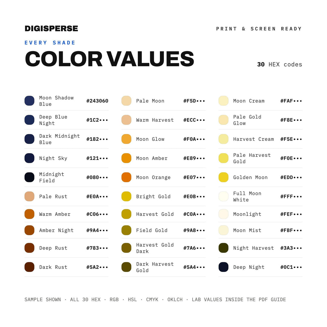 Harvest Supermoon Color Palette | 30 Colors | Hex RGB CMYK | Procreate Swatches + ASE | Digital Download