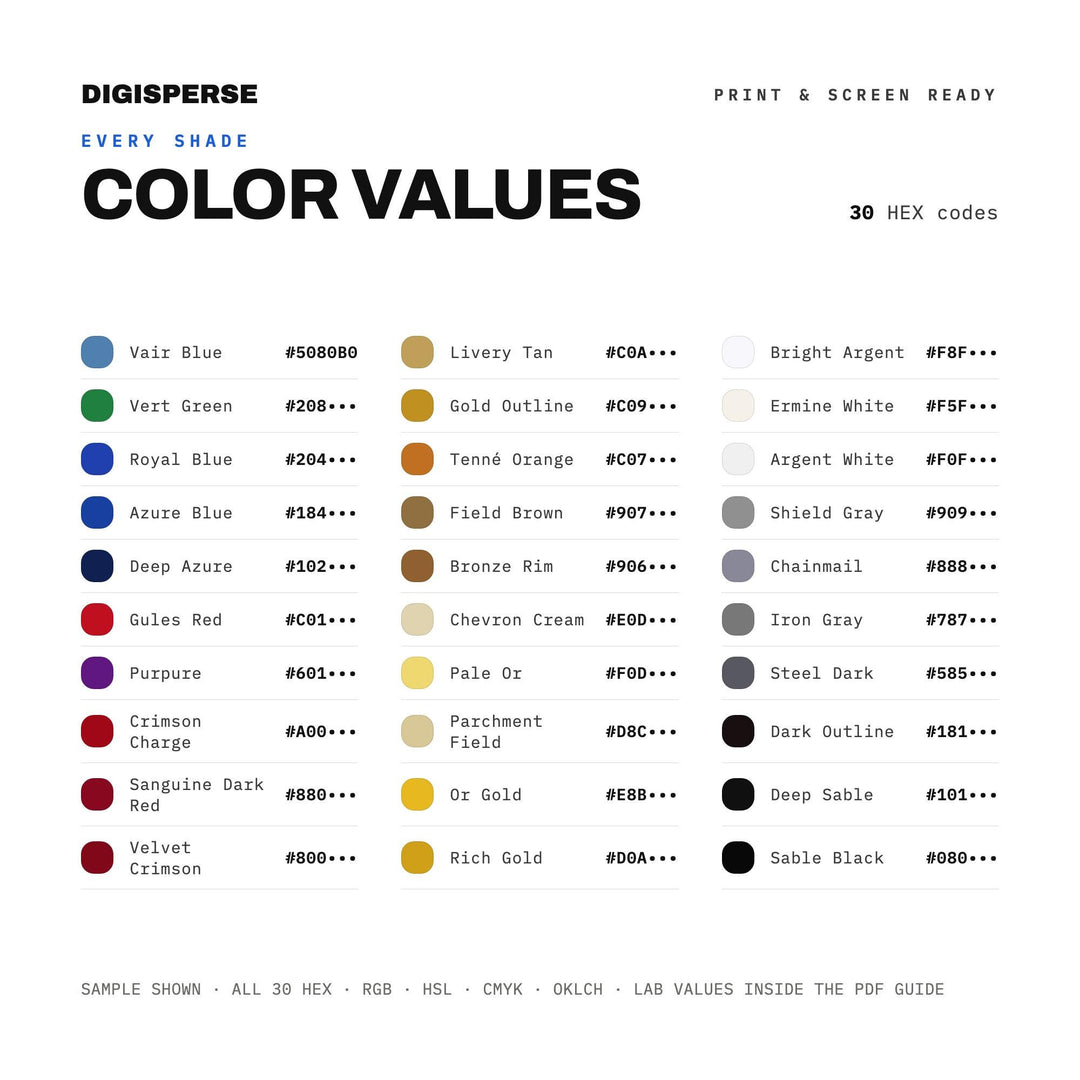 Heraldic Shield Color Palette | 30 Colors | Hex RGB CMYK | Procreate Swatches + ASE | Digital Download