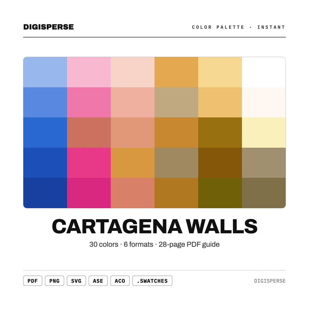 Sun Faded Color Palette for Colorful Travel Art and Colonial Facade Branding, 30 Cartagena Caribbean Hues, Procreate Swatches, Hex Codes