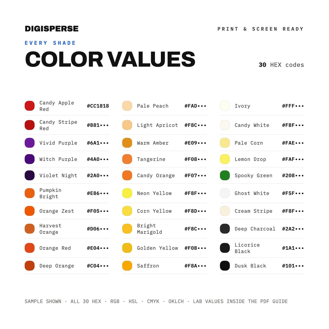 Candy Corn Classic Color Palette | 30 Procreate Swatches, ASE, RGB, CMYK (Digital Download)