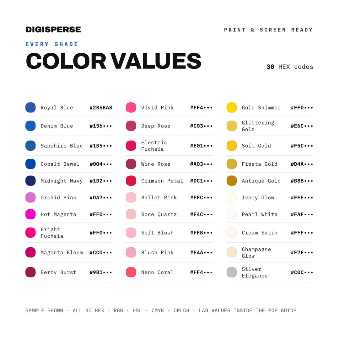 Elegant Rose Color Palette for Quince Celebration Art and Party Branding, 30 Quinceanera Gold Hues, Procreate Swatches