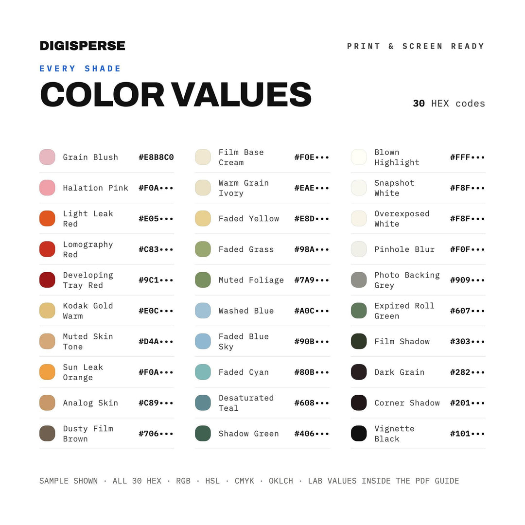 Film Grain Diary Color Palette | 30 Analog Tones, Procreate, ASE (Digital Download)