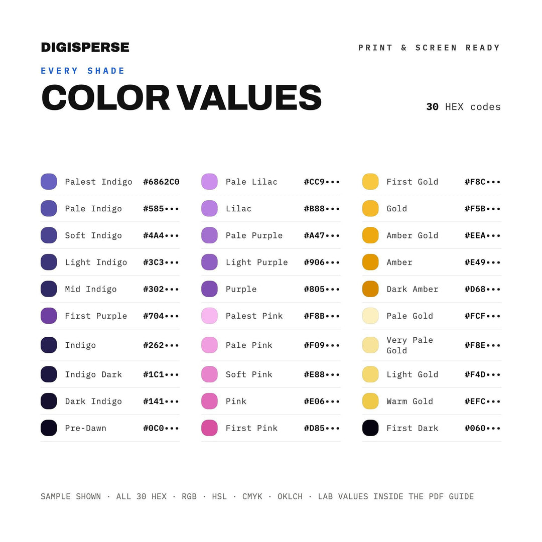 First Light Color Palette | 30 Procreate Swatches, HEX, RGB, CMYK (Digital Download)