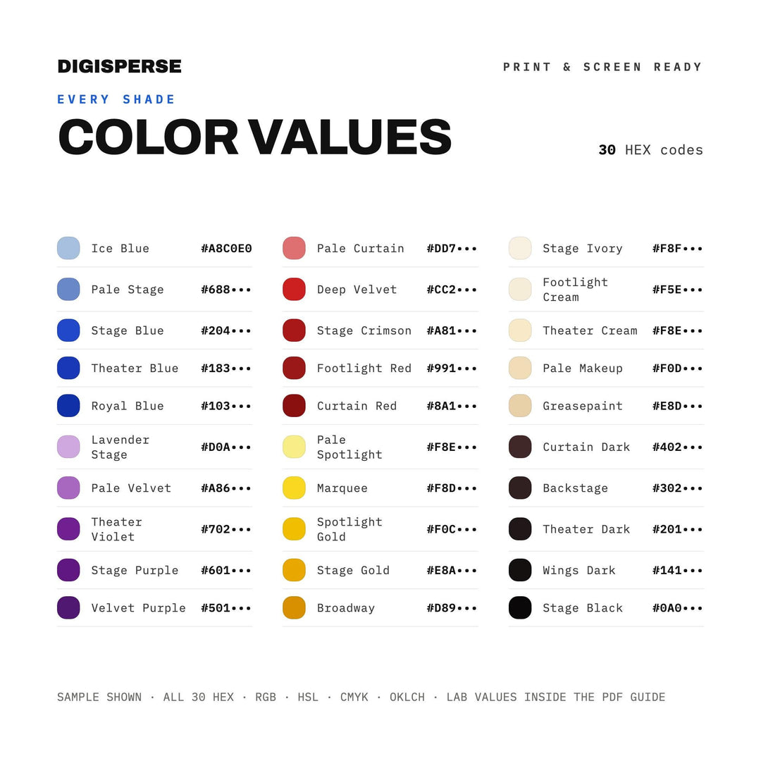 Musical Theater Color Palette | 30 Colors, Hex, RGB, CMYK (Digital Download)